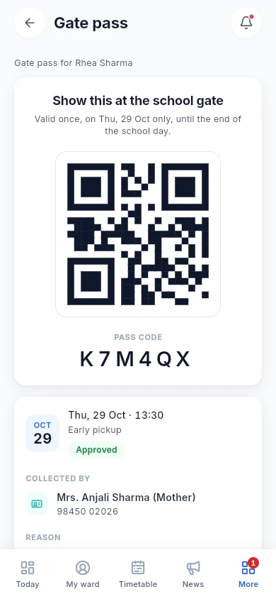 A parent's gate pass with QR code and pass code