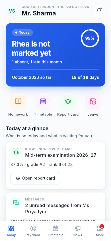 A parent's Today screen on the phone, showing their child's attendance this month