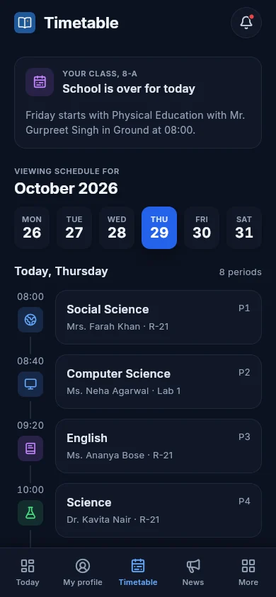 A student's timetable for the day, in dark mode