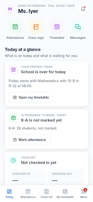A teacher's Today screen with periods and attendance still to mark
