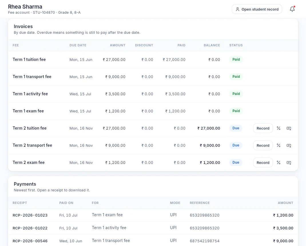 A student's fee account with invoices and payments