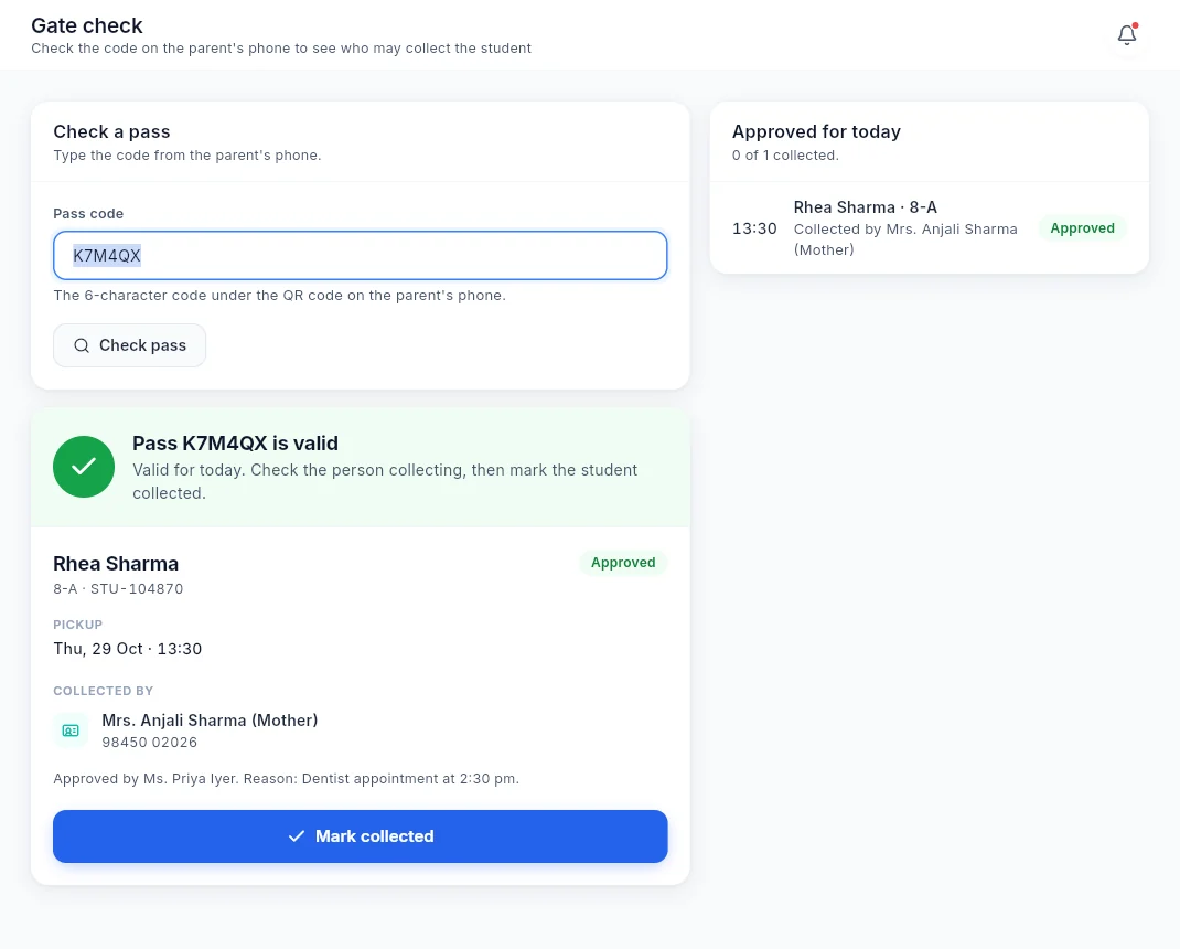 Gate check: pass code is valid, showing who is collecting the student